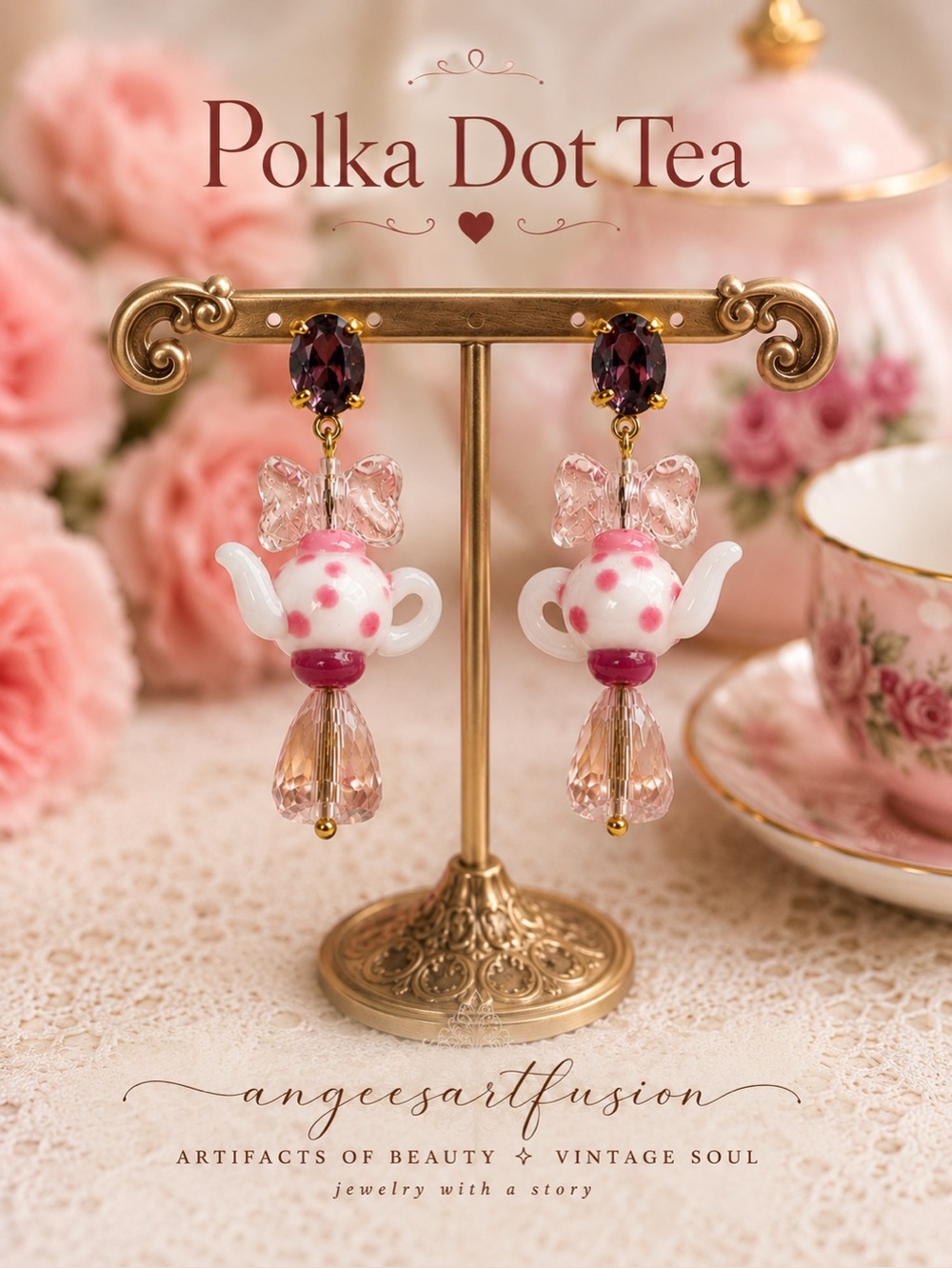 “Polka Dot Tea”-Glass Teapot and Crystal Drop Earrings Pink Cottagecore